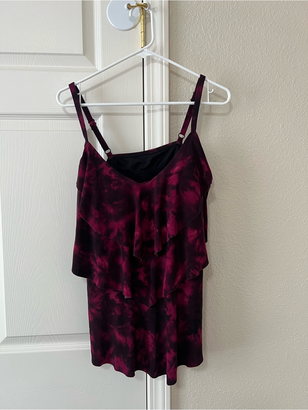 Aqua Green 1X Burgundy Black Tie Dye Ruffle Tankini Swim Top